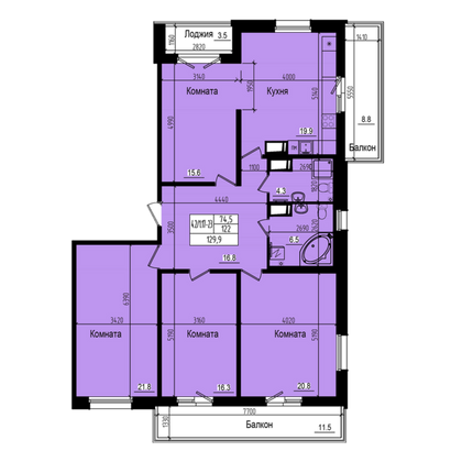 129,9 м², 4-комн. квартира, 23/23 этаж