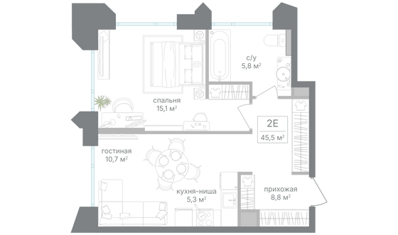 Продажа 1-комнатной квартиры 45,5 м², 16/19 этаж