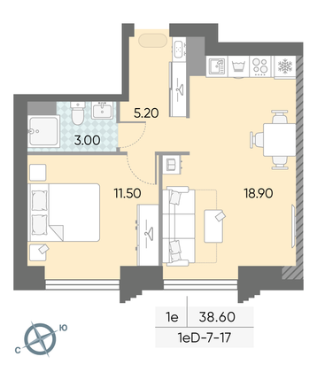 Продажа 1-комнатной квартиры 38,6 м², 17/58 этаж