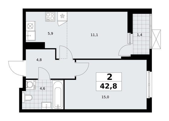 42,8 м², своб. планировка, 12/18 этаж