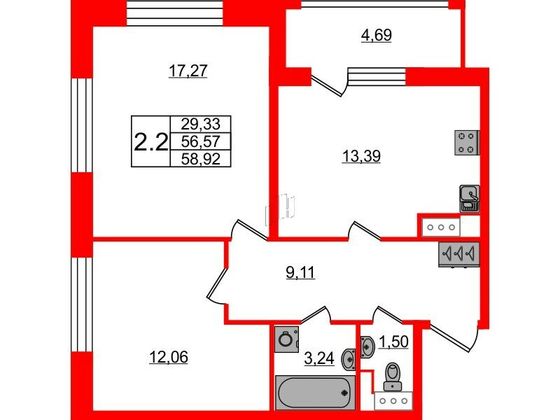 Продажа 2-комнатной квартиры 56,6 м², 5/15 этаж