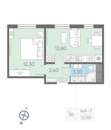 Продажа 1-комнатной квартиры 32,8 м², 13/16 этаж