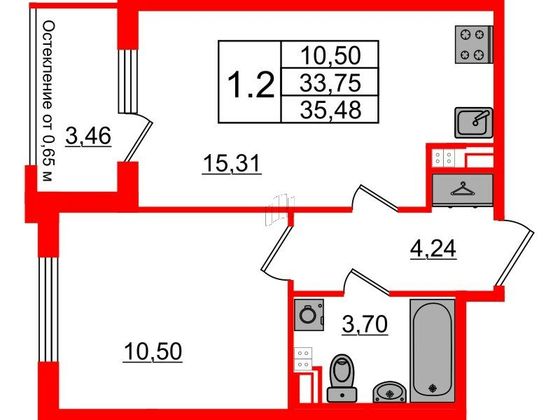 Продажа 1-комнатной квартиры 33,8 м², 3/4 этаж