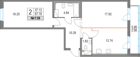 67,8 м², 2-комн. квартира, 4/19 этаж