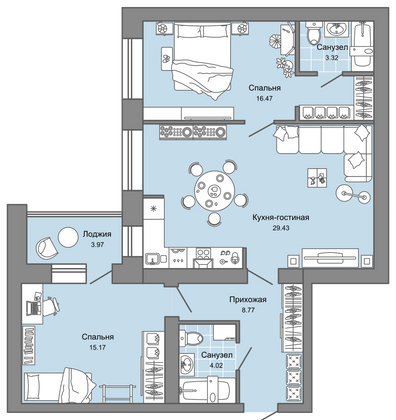 80 м², 3-комн. квартира, 1/4 этаж