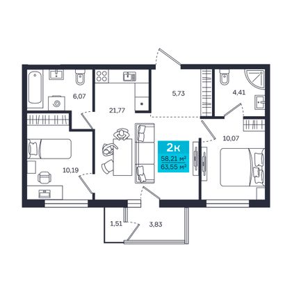 Продажа 2-комнатной квартиры 58,2 м², 3/8 этаж