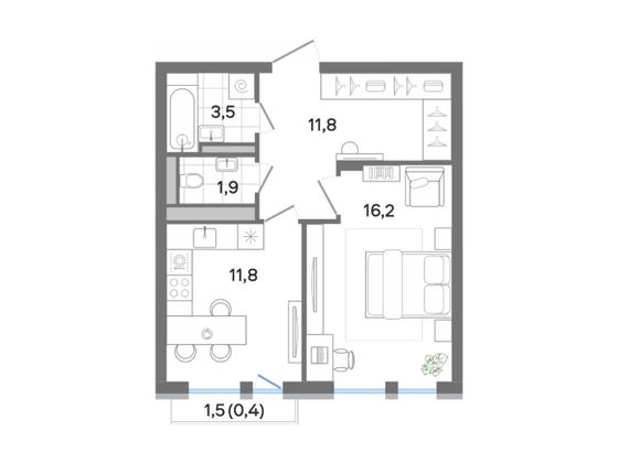 46,6 м², 1-комн. квартира, 2/4 этаж