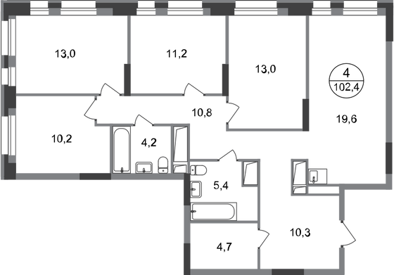 102,4 м², 4-комн. квартира, 6/20 этаж