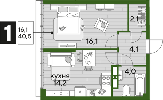 Продажа 1-комнатной квартиры 40,5 м², 19/19 этаж