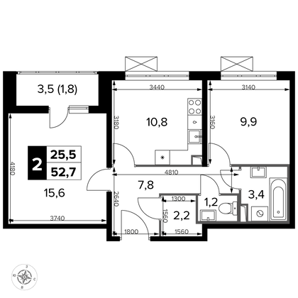 52,7 м², 2-комн. квартира, 21/22 этаж