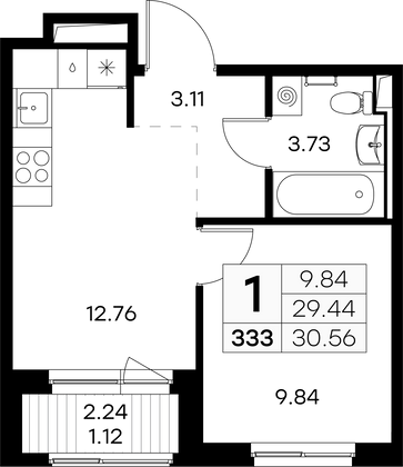 30,6 м², 1-комн. квартира, 5/9 этаж