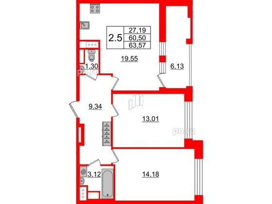 Продажа 2-комнатной квартиры 60,5 м², 2/13 этаж