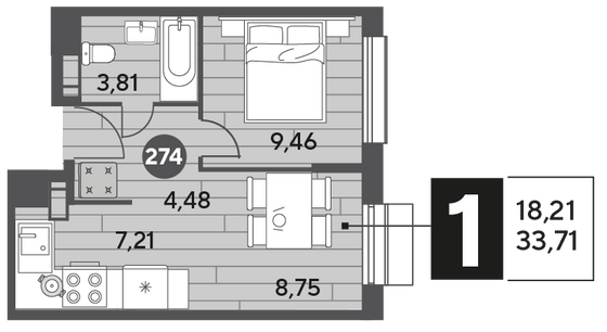 Продажа 1-комнатной квартиры 33,7 м², 3/15 этаж