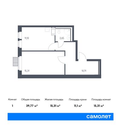 39,8 м², 1-комн. квартира, 21/25 этаж