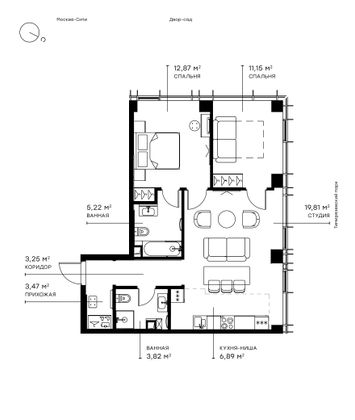 Продажа 2-комнатной квартиры 66,5 м², 19/43 этаж