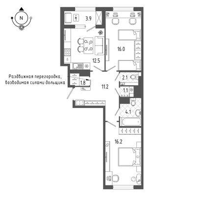 67 м², 2-комн. квартира, 6/18 этаж