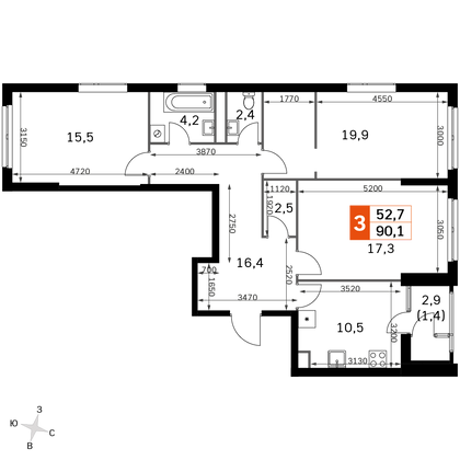 90,1 м², 3-комн. квартира, 43/43 этаж