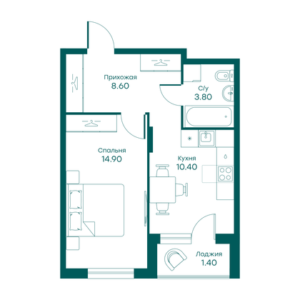 38,4 м², 2-комн. квартира, 2/6 этаж