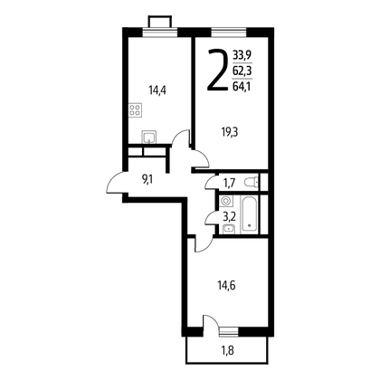 64,1 м², 2-комн. квартира, 14/14 этаж