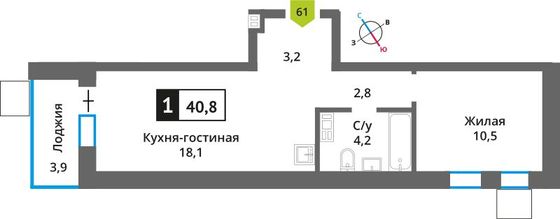 Продажа 1-комнатной квартиры 40,8 м², 9/9 этаж