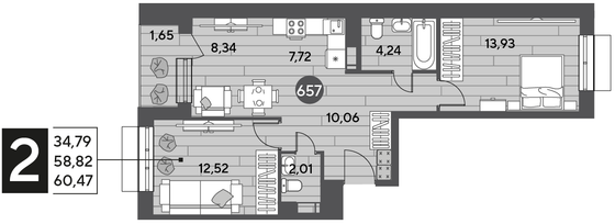 Продажа 2-комнатной квартиры 60,5 м², 2/15 этаж