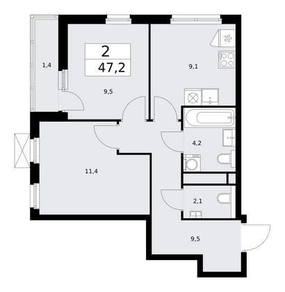 47,2 м², своб. планировка, 11/13 этаж