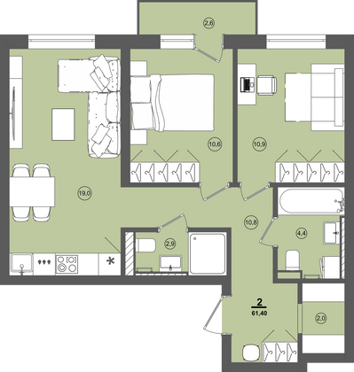 Продажа 2-комнатной квартиры 61,4 м², 7/9 этаж