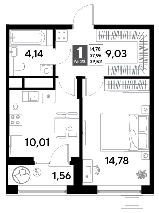 Продажа 1-комнатной квартиры 39,5 м², 3/25 этаж