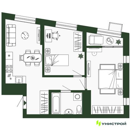 54,4 м², 2-комн. квартира, 22/34 этаж