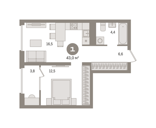 Продажа 1-комнатной квартиры 43 м², 12/14 этаж