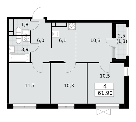 61,9 м², 4-комн. квартира, 11/16 этаж
