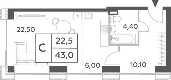 Продажа квартиры-студии 42,6 м², 3/52 этаж