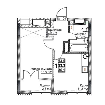 Продажа 1-комнатной квартиры 36,1 м², 13/24 этаж