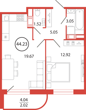 Продажа 1-комнатной квартиры 44,2 м², 3/12 этаж