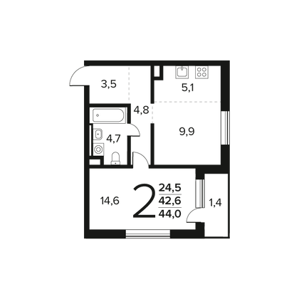 Продажа 2-комнатной квартиры 44 м², 2/14 этаж