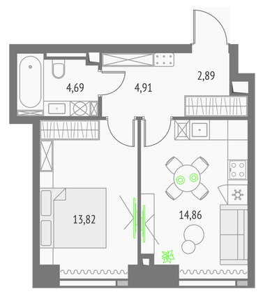 41,2 м², 1-комн. квартира, 20/57 этаж