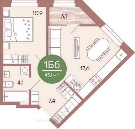Продажа 1-комнатной квартиры 43,1 м², 1/17 этаж