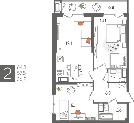 Продажа 2-комнатной квартиры 64,3 м², 14/24 этаж