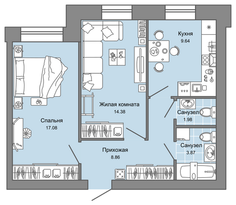 56 м², 2-комн. квартира, 3/3 этаж