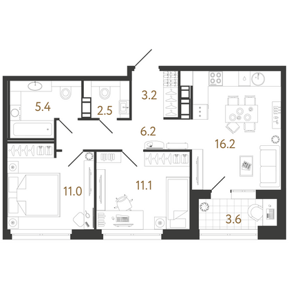 55,6 м², 2-комн. квартира, 12/14 этаж