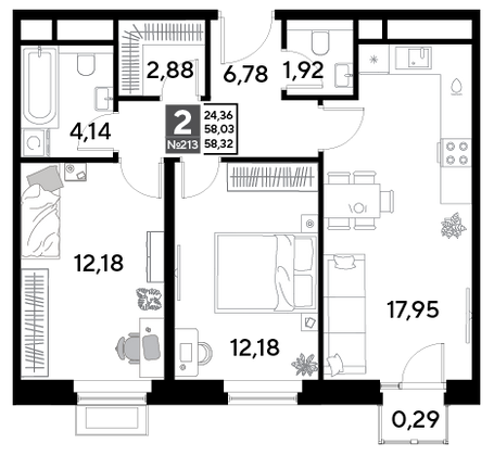 Продажа 2-комнатной квартиры 58,3 м², 19/25 этаж