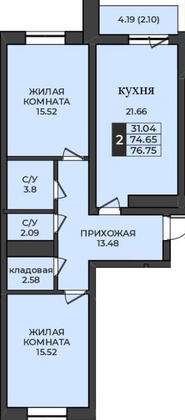 Продажа 3-комнатной квартиры 76,6 м², 2/5 этаж