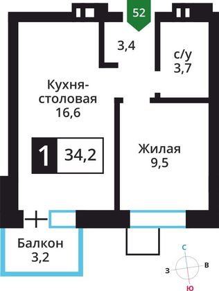 Продажа 1-комнатной квартиры 34,2 м², 3/6 этаж
