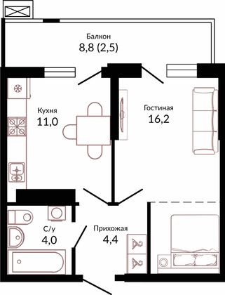 38,9 м², 1-комн. квартира, 14/23 этаж