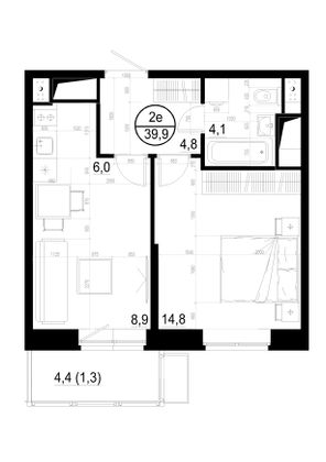 39,9 м², 2-комн. квартира, 5/19 этаж