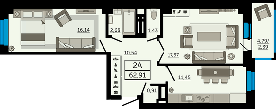 62,9 м², 2-комн. квартира, 2/26 этаж