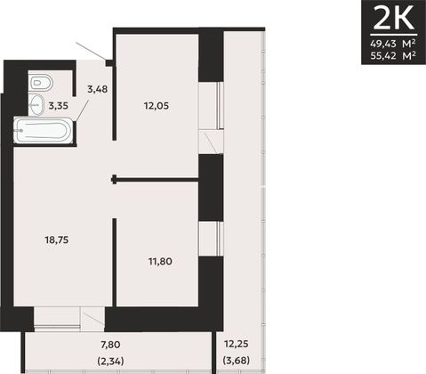 55,4 м², 2-комн. квартира, 5/6 этаж