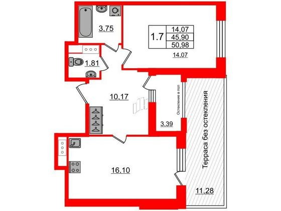 Продажа 1-комнатной квартиры 45,9 м², 9/9 этаж