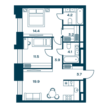 64,5 м², 2-комн. квартира, 16/21 этаж