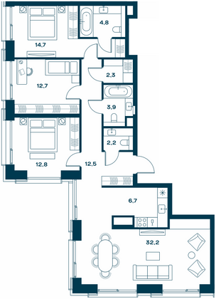 104,8 м², 3-комн. квартира, 21/25 этаж